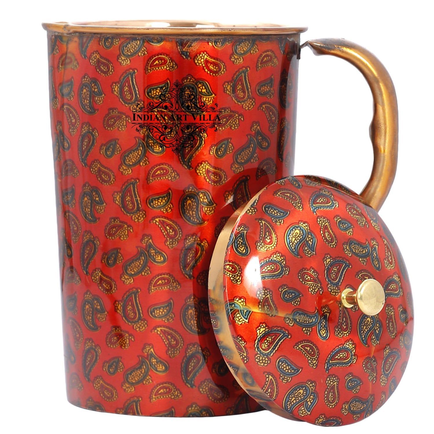 Pure copper paisley printed design jug with brass knob on lid candy, 1500 ML